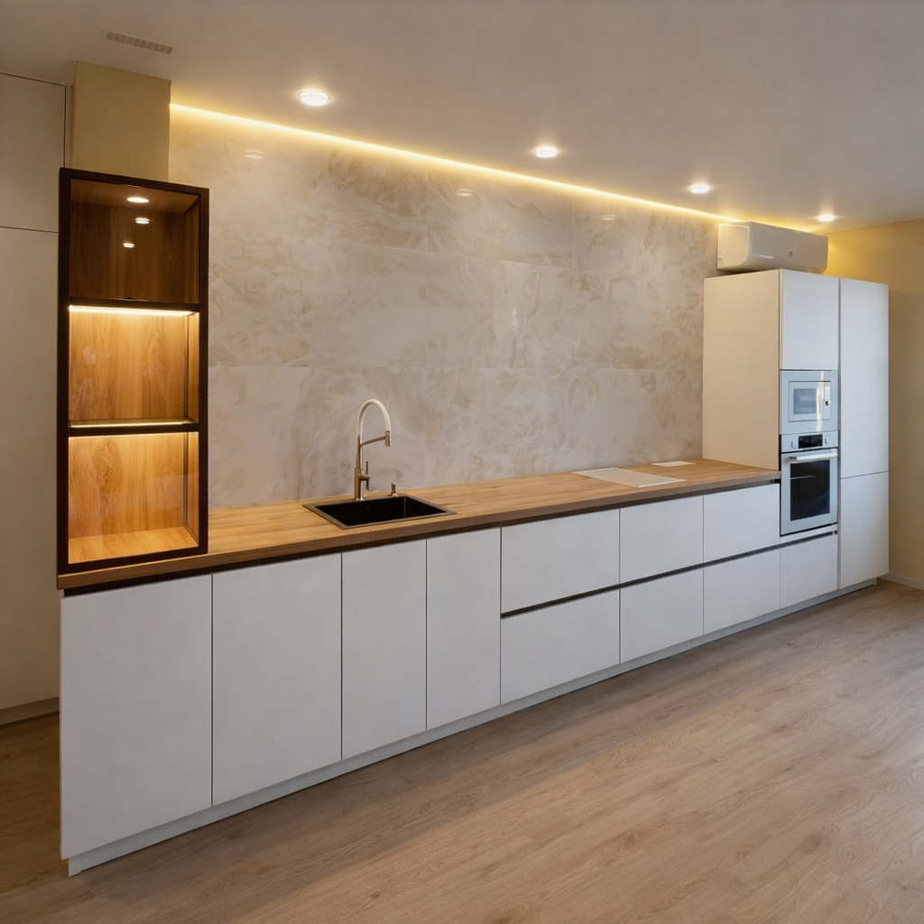 Линейная кухня с теплой подсветкой и древесной столешницей